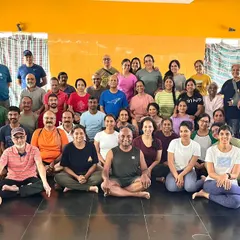 A group photo with students after a fulfilling session. The sense of community and shared joy is a vital part of our practice at the shala.