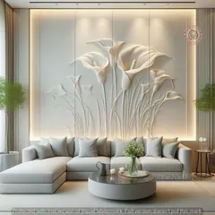 A serene living room design featuring a large, 3D floral bas-relief sculpture as the main accent wall. The soft, neutral color palette of the L-shaped sofa and furnishings is enhanced by warm ambient backlighting.