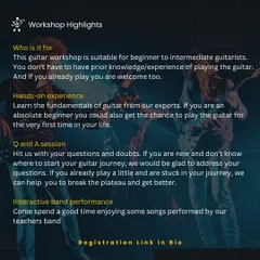 This gives you an idea of what to expect from our free guitar workshop. We cover the fundamentals for beginners, offer a Q&A session for your doubts, and conclude with an interactive performance by our teachers' band.