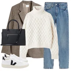 A perfect winter outfit formula: a cozy cable-knit sweater, a classic checked blazer, and comfortable jeans. This look is all about layering textures to create a warm and stylish ensemble.