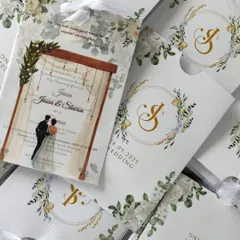 Here is an example of modern romance. This customized invitation pairs a matte finish card with a dreamy vellum overlay printed with the couple’s portrait, all enclosed in a chic pouch-style envelope.