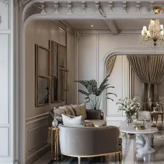 We love bringing timeless classical design into modern homes. This living area showcases our expertise in creating opulent spaces with intricate moldings, gold accents, marble flooring, and plush velvet furniture for a perfect balance of grandeur and comfort.