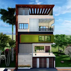 This architectural rendering showcases a vertical design with distinct blocks for each floor. We've used a pop of green, textured concrete panels, and a slatted wood pergola on the roof terrace to create visual interest.