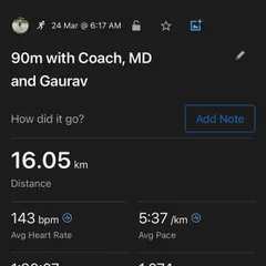 The data from a 90-minute, 16km run with me. The runner maintained a low heart rate even at a decent pace, showing a strong aerobic base.