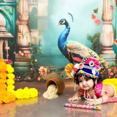A beautiful portrait of our little Krishna, lying down with his flute. The backdrop of Vrindavan, complete with a peacock and cow, adds a magical touch.