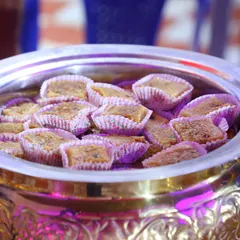 Our Bread Halwa served in individual portions, ready for the buffet line. It's a classic South Indian wedding dessert that everyone loves.