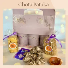 The 'Chota Pataka' Diwali hamper, beautifully packaged and filled with assorted chocolates, churro cookies, Karachi cookies, and a diya. It's a perfect small gift bursting with flavor.