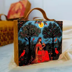 I love how my suitcase-style bags tell a story. This one features a beautiful traditional painting of a woman in a moonlit garden, printed on matte satin for a truly artistic and unique accessory.
