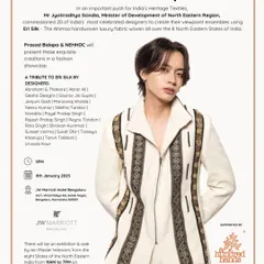 Another poster for the "Tribute to Eri Silk" fashion showcase, featuring a male model in a stunning designer ensemble.