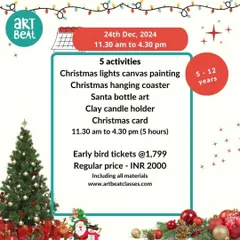 Here are the details for our Christmas Art Party, listing all five creative activities included. We provide all materials, so you just need to show up for a day of holiday fun.