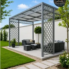 A contemporary take on the classic gazebo. This structure features decorative CNC-cut side panels that offer privacy while adding an artistic touch. It’s a perfect centerpiece for a modern garden landscape.