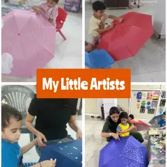 A collage of our little artists painting their own umbrellas. This group activity encourages creativity while also teaching them to share supplies and appreciate each other's unique designs.