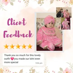 "Thank you so much for this lovely outfit, you made our lohri even more special." I am so glad I could be a part of your family's celebration with this personalized pink velvet outfit.