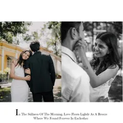 A collage of black and white images capturing tender moments from a pre-wedding shoot. It beautifully illustrates the quiet, gentle breeze of love in the stillness of the morning.
