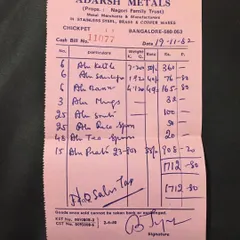 A cash bill from Adarsh Metals in 1982, detailing the purchase of aluminum kettles, spoons, and plates. This shows our long-standing investment in quality equipment for our services.