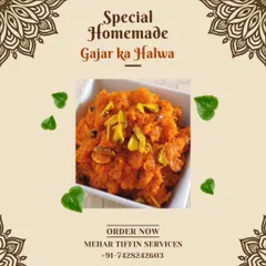 A close-up of our special homemade Gajar ka Halwa, a winter favourite. We prepare this traditional dessert with fresh carrots and pure ingredients, making it a perfect sweet ending for any meal.
