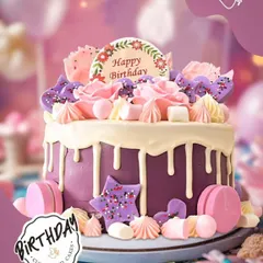 A pretty and playful drip cake in shades of purple and pink. This design is adorned with macarons, marshmallows, and star-shaped sprinkles for a fun and sweet celebration.