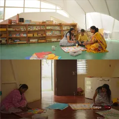 Another view of the collaborative learning environment at Aurinko Academy. The architecture, with its high, arched ceilings and ample natural light, creates an uplifting and inspiring atmosphere for both students and teachers.