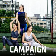 Three models in stylish activewear pose on an urban turf, showcasing different outfits from the same collection. This campaign shot is ideal for demonstrating the range and versatility of a fitness brand.