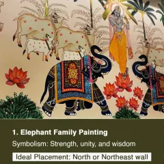 An Elephant Family painting symbolizes strength, unity, and wisdom. According to Vastu, placing it on a North or Northeast wall is ideal for encouraging family bonding and wise decision making.