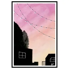 This painting captures the magic of a sunset sky strung with fairy lights. The silhouette of buildings against the soft pink and orange gradient speaks of quiet, beautiful moments in the city.