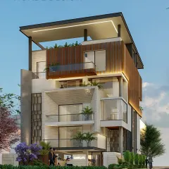 This modern facade is a study in layered minimalism. We composed a series of volumes and voids using vertical wood fins, recessed balconies, and textured white surfaces to create a dynamic play of light, shadow, and depth.