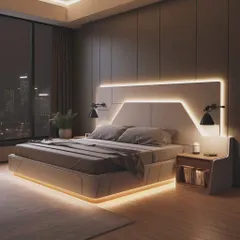 A futuristic bed design concept we developed. This features a unique geometric headboard with integrated backlighting and adjustable reading lamps, perfect for a client looking for a bold and contemporary bedroom centerpiece.