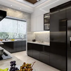 An overall view of the monochrome kitchen, highlighting the ample counter space and under-cabinet lighting that makes the workspace bright and efficient.