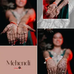 A collage dedicated to the Mehndi ceremony, showing close-ups of the intricate henna design and portraits of the bride presenting her hands.