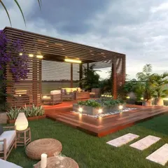 This terrace design concept shows how we combine natural elements like wooden decking and pergolas with soft lighting and diverse plant life. The goal is to create a luxurious and inviting outdoor living room perfect for relaxation or entertaining.