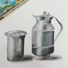 A close-up of a student's still life painting, showing the process of building up layers of paint to create the illusion of light and shadow on a steel surface.