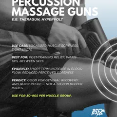 Percussion massage guns like Theragun are great for localized muscle soreness and short-term relief. I recommend using them for 30-90 seconds per muscle group for quick recovery.