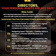 Directors, your personal assets are not safe. A real NCLT case saw a director's luxury car and wife's joint account attached to recover company loans. The "corporate shield" is a myth if you have signed a personal guarantee.