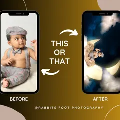 This shows the transformation from a standard baby photo to a fantasy art piece. I digitally placed the baby on a moon in a night sky, a popular request for newborn creative edits.