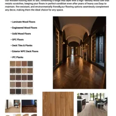 I offer a wide variety of wooden flooring options, including laminate, engineered, and solid wood floors, as well as SPC floors and exterior WPC deck planks. This brochure shows the range of colors and finishes available.