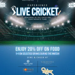 For cricket season, I offer exciting deals across my dining venues. This poster details the 20% discount on food and 1+1 offer on drinks, inviting fans to cheer for their favorite teams while enjoying my hospitality.