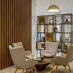 A semi-private breakout area for informal meetings or a quiet break. The slatted wood partition provides visual separation, while the geometric shelving unit adds a modern, decorative touch.