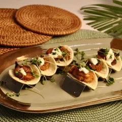 My innovative Chicken Ghee Roast Tacos, a fusion dish that combines the rich flavors of coastal India with a fun, modern format.
