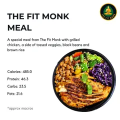This is my signature Fit Monk Meal, designed for results. With 46.3g of protein and just 485 calories, it's the perfect macro-friendly option with grilled chicken, black beans, and tossed veggies.