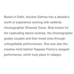 A snippet from my feature in Brides Today. It mentions my decade of experience and my work on Taapsee Pannu's sangeet performance in Udaipur.