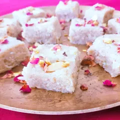 My vegan Kalakand is soft, milky, and melts in your mouth, just like the original. It's made without any dairy, refined sugar, or oil, and garnished with delicate rose petals for a beautiful finish.