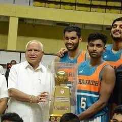 A proud moment with my team, Bharath Sports Union, after winning the KSBBA State 'B' Division League Championship. Being presented with the M C Srinivasa memorial trophy by former Chief Minister of Karnataka, B.S. Yediyurappa.