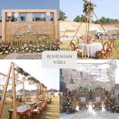 A collection of "Bohemian Vibes" decor, featuring macrame, pampas grass, rustic wood, and neutral tones for a laid-back, earthy, and chic celebration.
