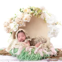 Nestled in a heart-shaped prop adorned with white flowers, this newborn sleeps peacefully. This setup is perfect for creating artistic and sentimental newborn portraits that you will treasure forever.