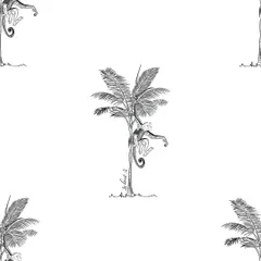 A simple, repeating pattern of a lemur climbing a palm tree. This minimalist design from the 'Treasures of Madagascar' collection is perfect for creating subtle, textured fabrics or modern wallpaper.