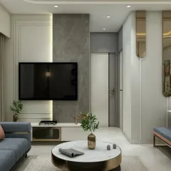 A closer look at the TV unit and entryway, showcasing the clean lines and modern aesthetic. The use of marble, mirrors, and subtle lighting creates a feeling of spaciousness and luxury.
