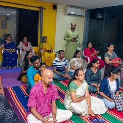 A serene moment from our Bhakti Immersion Kirtan event. Participants are seated and listening intently, creating a peaceful and devotional atmosphere in our studio.