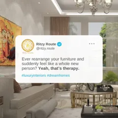 Sometimes a simple rearrangement of furniture can completely shift the energy of a room and your mood. This luxurious living room, with its plush seating and metallic accents, is designed for both comfort and elegance. It embodies the idea that interior design can be a form of therapy.