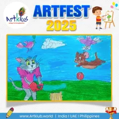 A fun crossover artwork featuring Tom and Jerry playing sports. This junior artist imagined the classic cartoon characters in a playful, athletic setting.