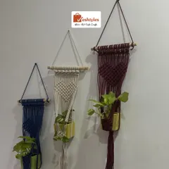 For all the plant lovers, here is a beautiful set of three wall plant hangers. I've made them in navy, off-white, and maroon, each with a unique heart-shaped knot pattern. They are perfect for creating a lovely green corner in your home or balcony.